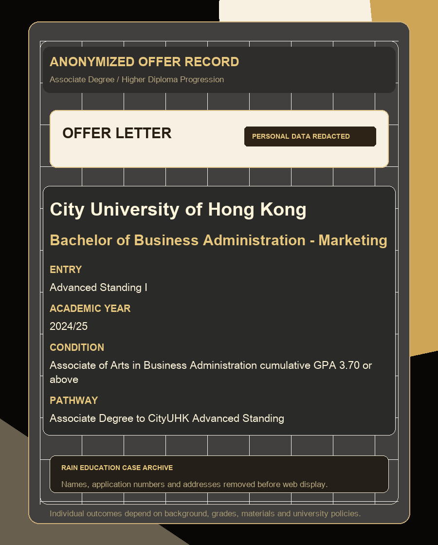 CityUHK BBA Marketing Advanced Standing 匿名 offer 展示