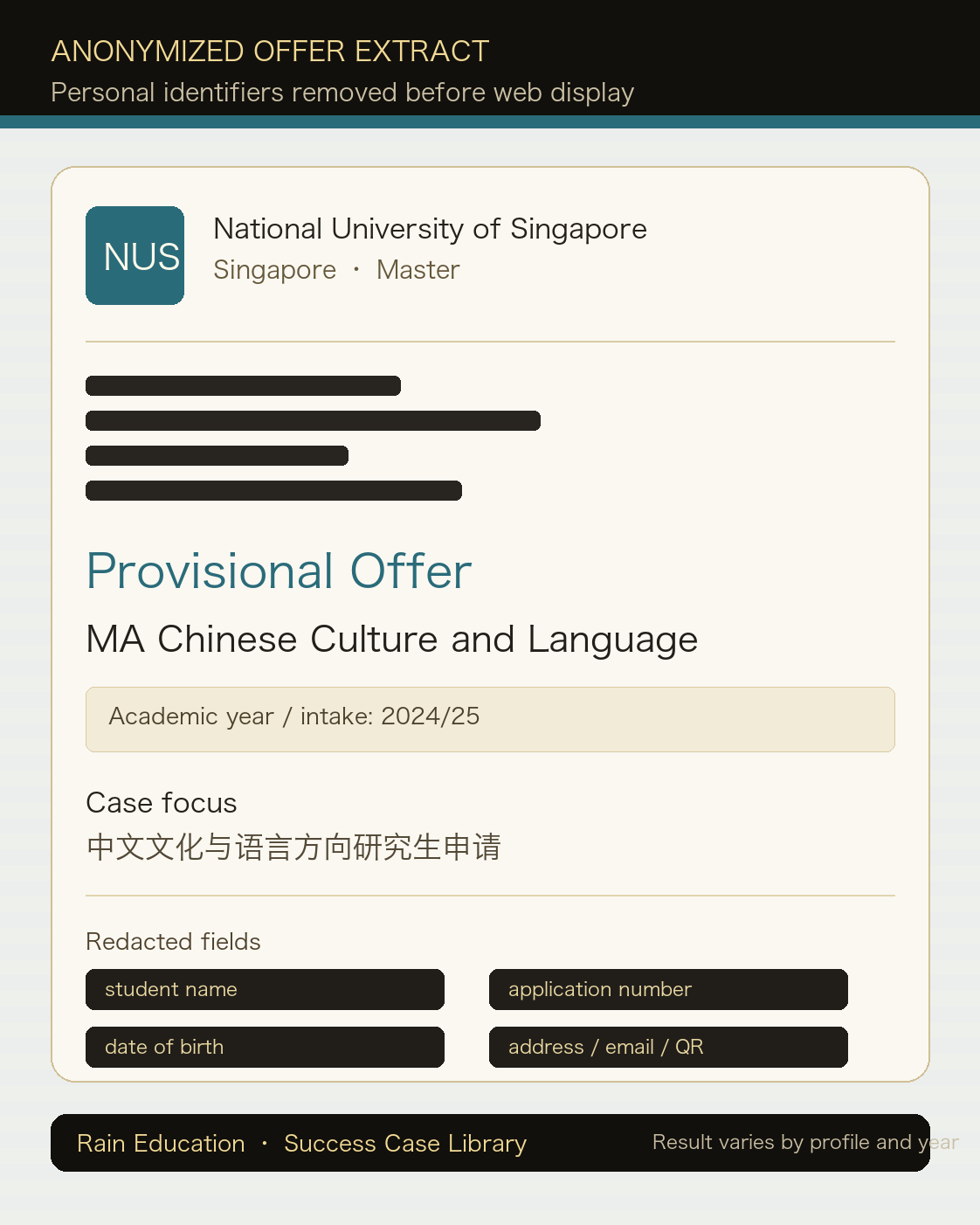 NUS MA Chinese Culture and Language 匿名录取摘录