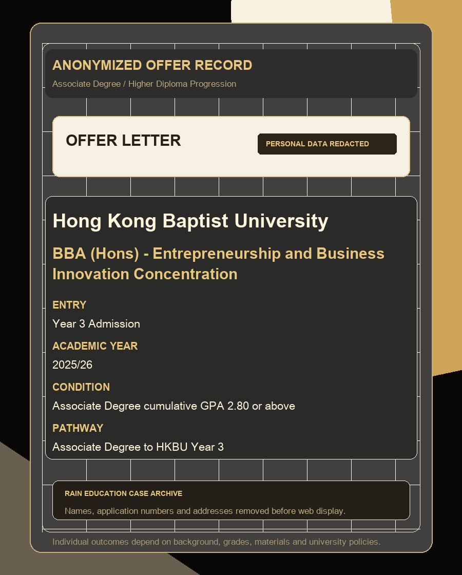 HKBU BBA Entrepreneurship and Business Innovation 匿名 offer 展示